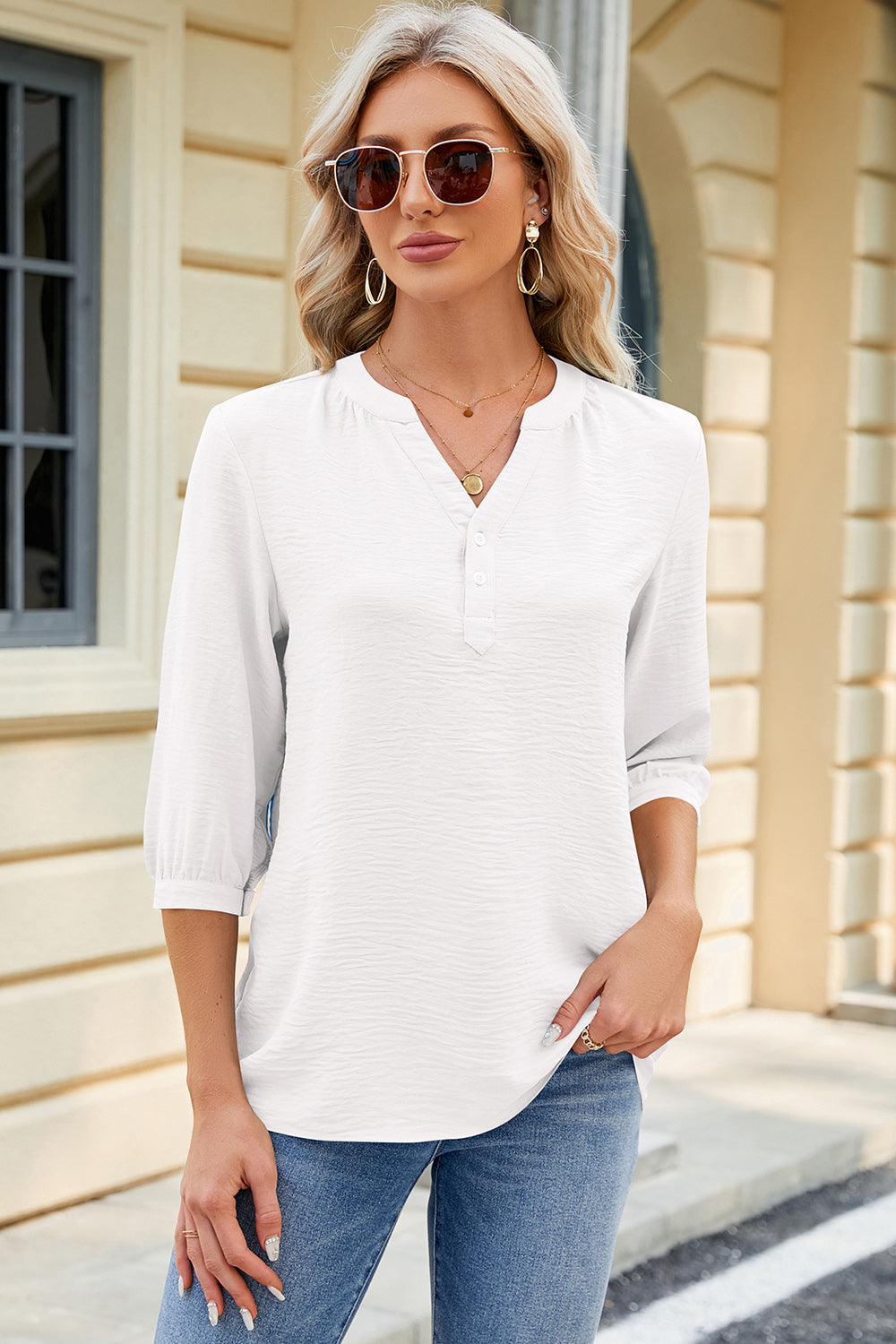 Notched Three-Quarter Sleeve T-Shirt