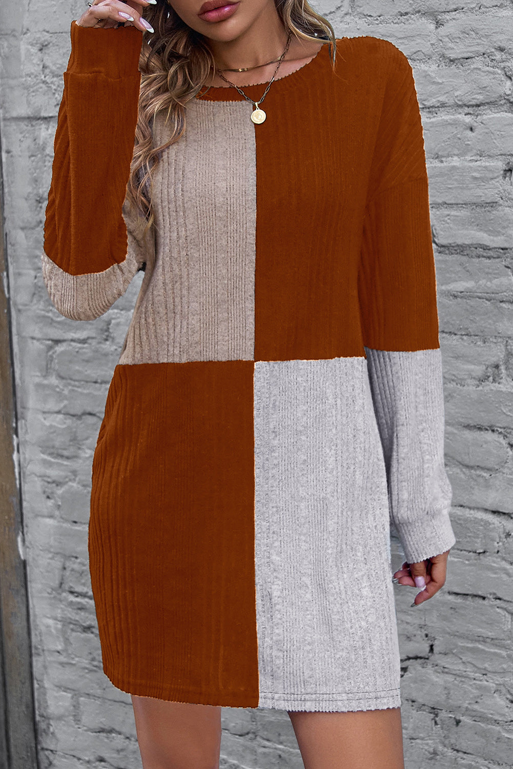 Textured Color Block Round Neck Dress