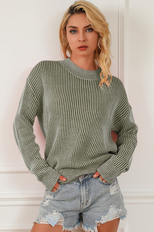 Striped Mock Neck Dropped Shoulder Sweater