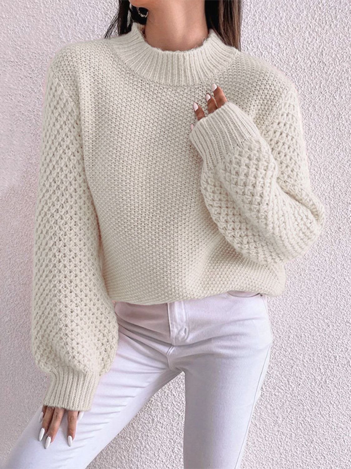 Openwork Mock Neck Long Sleeve Sweater