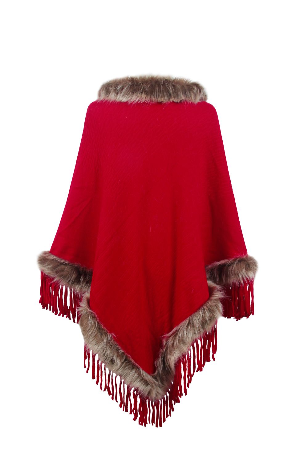 Faux Fur Trim Fringed Poncho