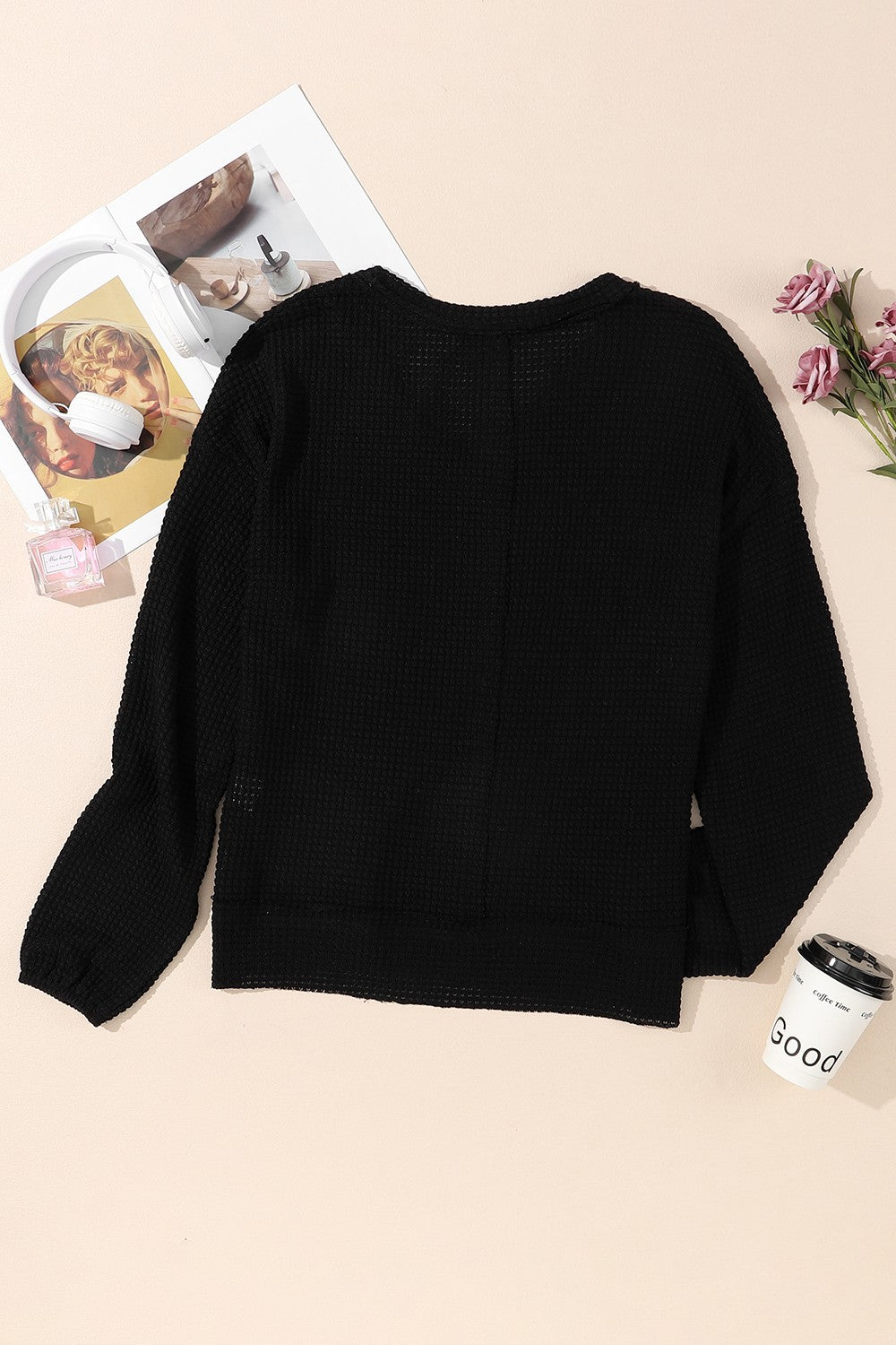 Waffle-Knit Pocketed V-Neck Blouse