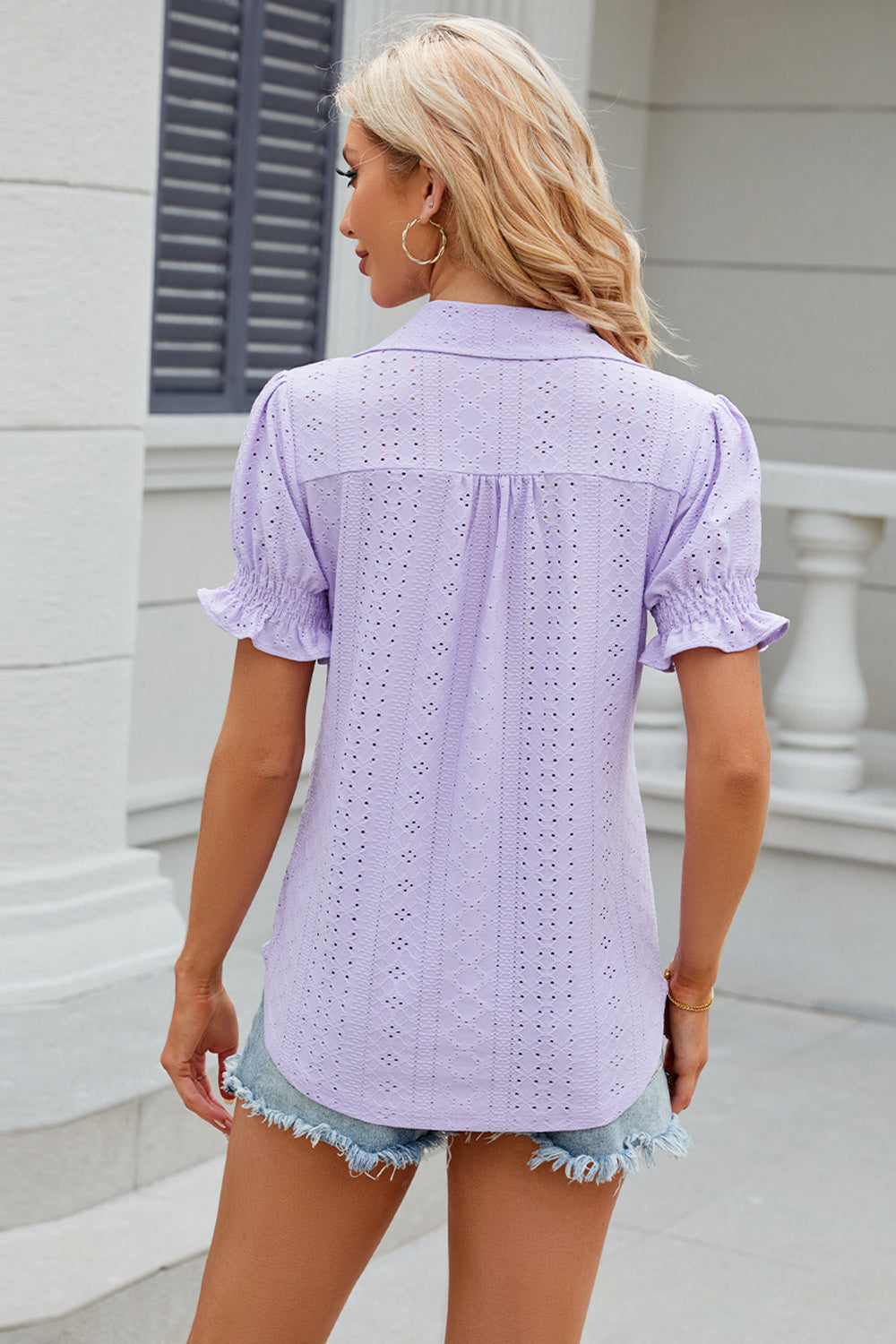 Eyelet Johnny Collar Short Sleeve Blouse