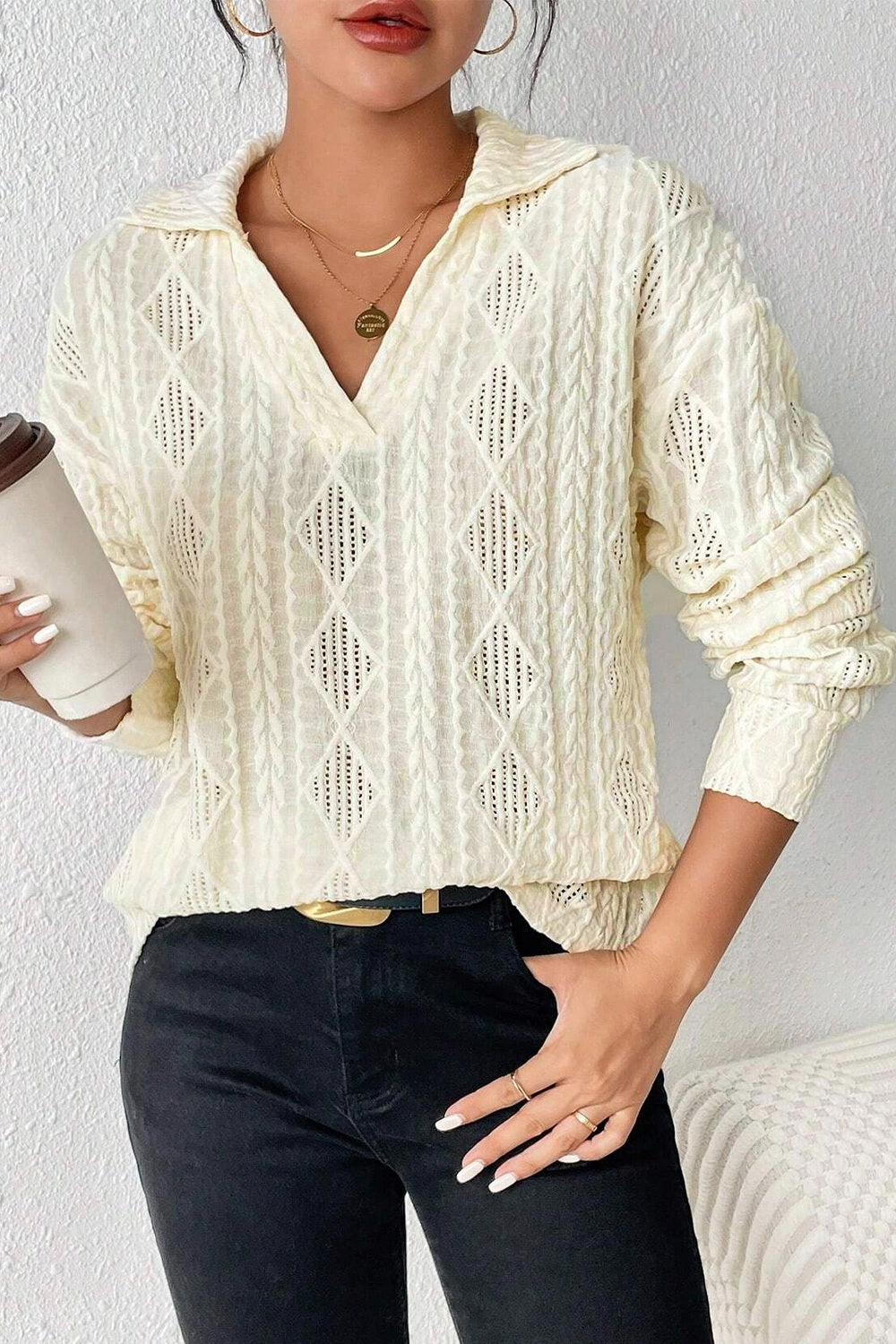 Eyelet Johnny Collar Dropped Shoulder Blouse